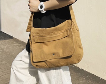 Sac en toile de coton Crossbody Daily Messenger Bag Econ Friendly Bag Grandes poches Retro School Bag pour femmes Sangle réglable