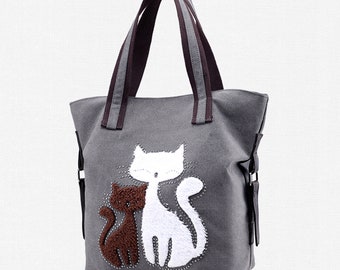 Mignon Chats Toile Coton Sacs-Toile Tote Bag-Sac à Bandoulière Simple- Sacs Sacs-Sac De Tous les Jours- Sac Décontracté-Cadeau