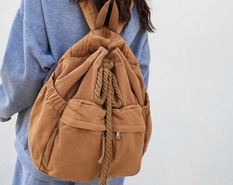 Medium Capacity Cotton Vintage Travel Drawstring Canvas Backpack Retro Multiple Pockets for Women Everyday Bag School Bag Gift for Her