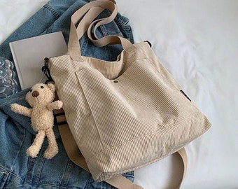 Cotton Corduroy Basic bag everyday bag Travel Large pockets washable Crossbody shoulder bag for women Adjustable strap With Cute Doll