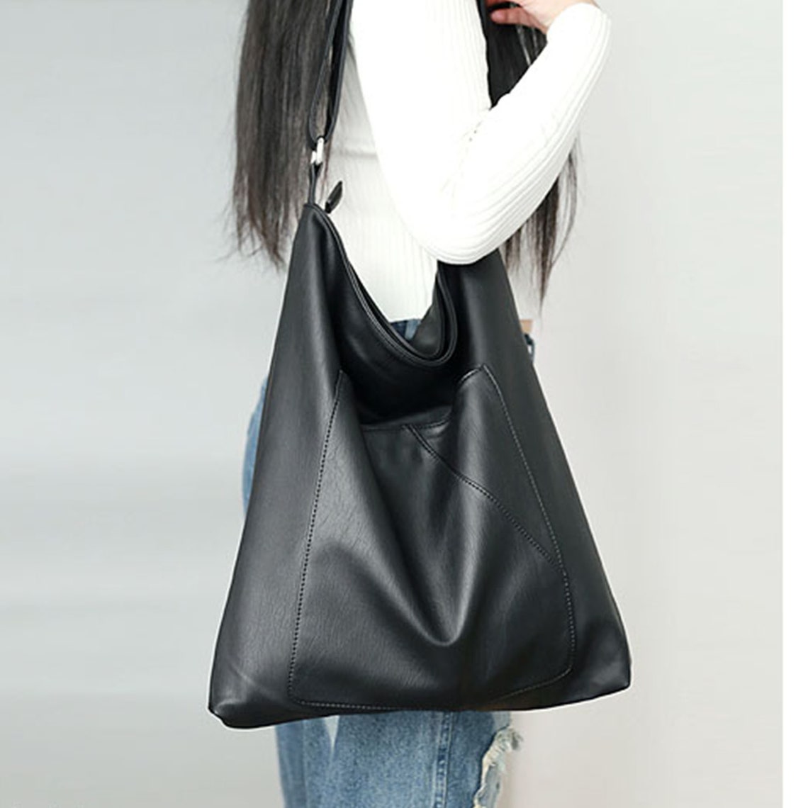 Casual Black Tote Bag Vintage Pu Bag Classic Everyday Leather - Etsy