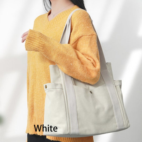 Baumwolle Canvas Basic Tasche mit großen Taschen Alltagstasche für Frauen Reisen Große Taschen waschbar Knöpfe Reißverschluss