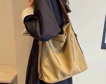 Cotton Canvas Basic Backpack Muti-Pockets Everyday Tote Bag Travel Large Pockets Washable Shoulder Bag for Women Adjustable Strap