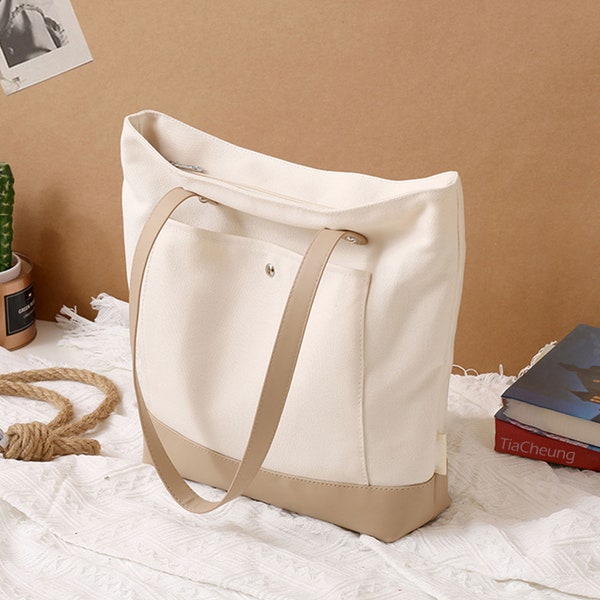 Baumwolle Canvas Basic Tasche mit PU Daily Messenger Bag Color Block Econ Friendly Bag Muti Taschen Schultasche Schultertasche für Frauen