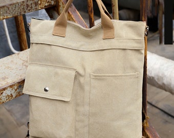 Cotton Canvas Bag with Pockets Crossbody Daily Tote Bag Travel Large Pockets Washable Shoulder Bag Backpack Adjustable Strap