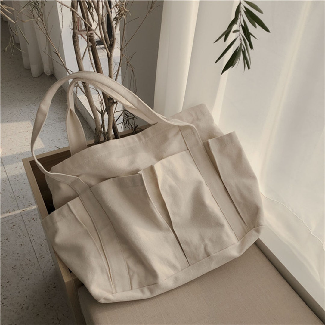 Cotton Canvas Basic Bag With Big Pockets Everyday Bag Travel Large ...