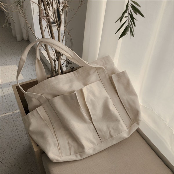 Cotton canvas Basic bag with big pockets everyday bag Travel Large pockets washable Crossbody shoulder bag for women daily bag Eco Friendly