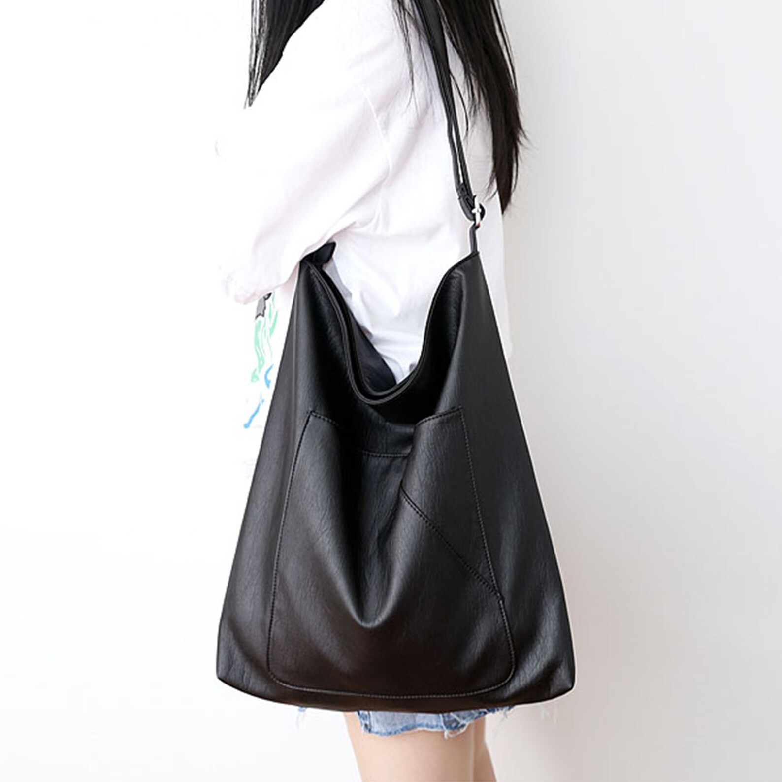 Casual Black Tote Bag Vintage Pu Bag Classic Everyday Leather - Etsy