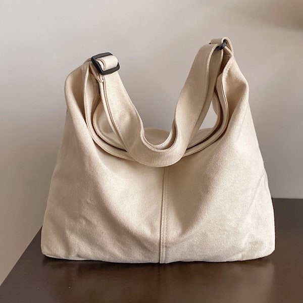 Crossbody Cotton Canvas Bag Everyday Tote Bag Fashion Large Pockets Eco Friendly Shoulder Bag for Women Adjustable Strap Gift for Her