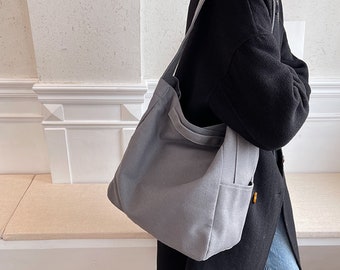 Bolso básico de lona de algodón para uso diario, bolso de hombro tipo bandolera lavable de viaje para mujer, correa ajustable