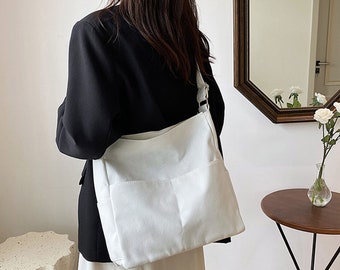 Sac en toile de coton vintage Sac décontracté écologique de tous les jours Sac à bandoulière multi-poches pour femme avec bandoulière réglable Cadeau pour elle