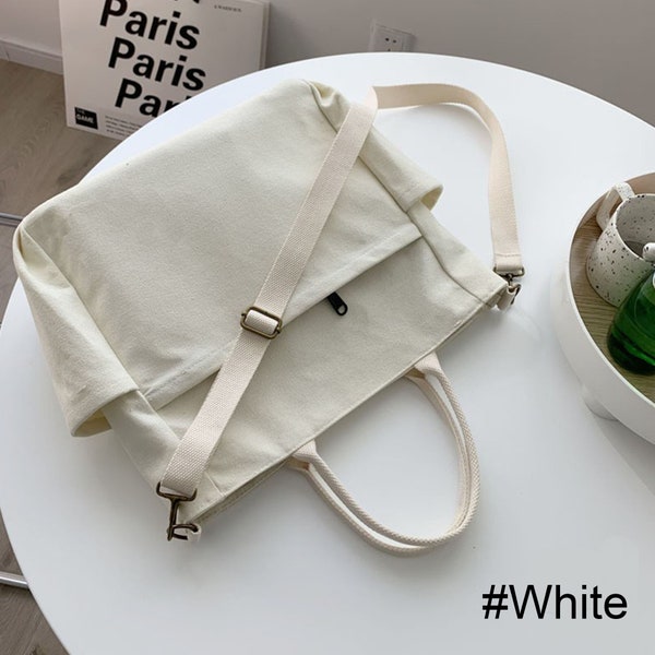 Cotton Canvas Basic Bag Everyday Bag Travel Large Pockets Washable Tota Bag Crossbody Shoulder Bag for Women Adjustable Strap(With LOGO)