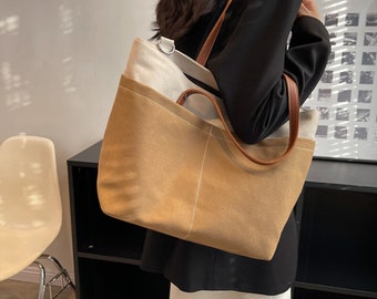 Cotton Canvas Bag Colorblcok Everyday Tote Bag Zipper Pockets Travel Crossbody Shoulder Bag pour femmes Cadeau pour elle