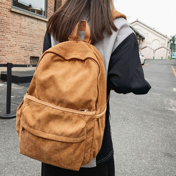 Large Capacity Vintage Travel Corduroy Backpack with Laptop Sleeve Retro Multiple Pockets for Women Everyday Bag School Bag Gift for Her