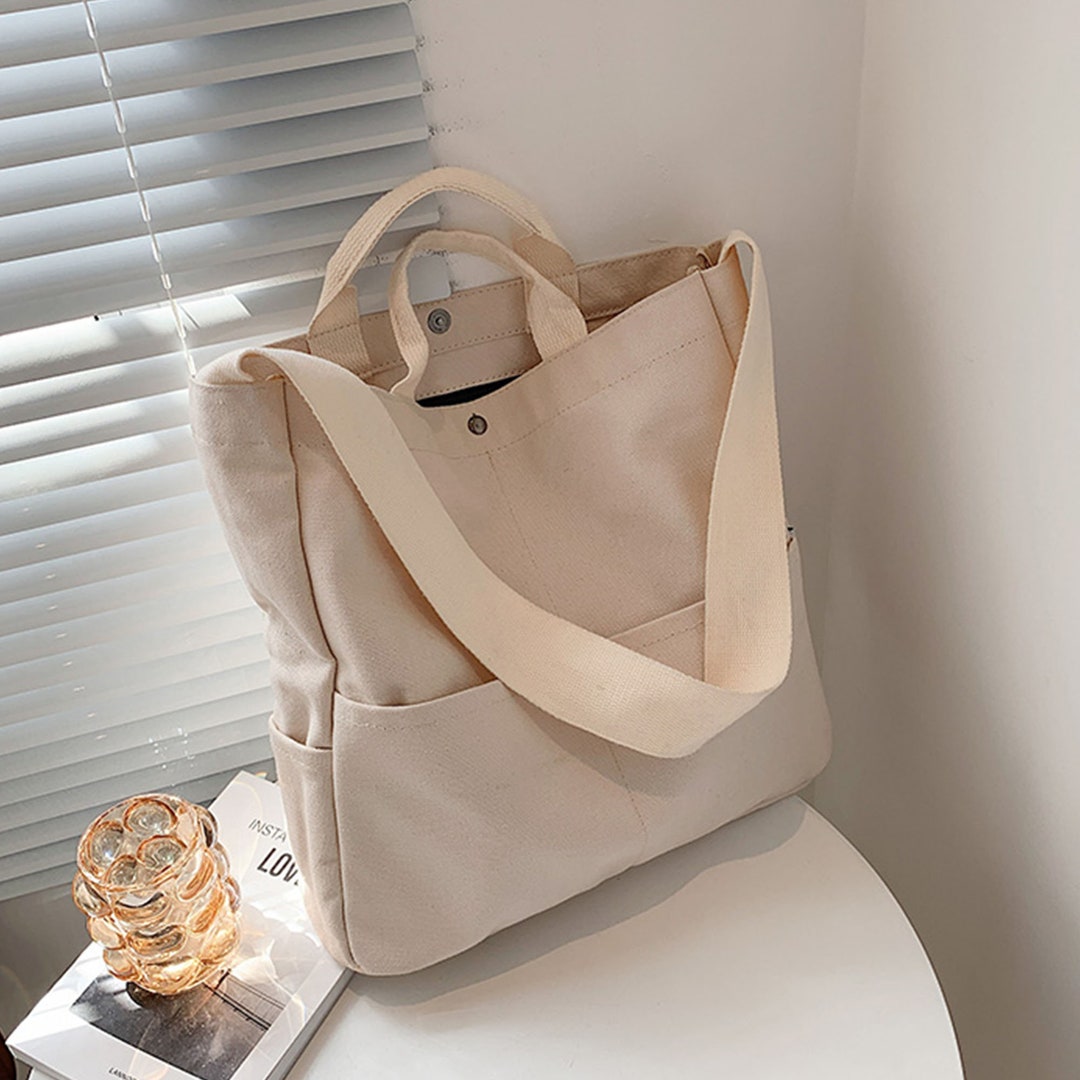 Cotton Canvas Bag Basic Everyday Bag Travel Large Pockets Daily Bag ...