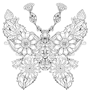 K&ouml;nnte beinhalten: Eine Schwarzwei&szlig;-Zeichnung eines Schmetterlings mit filigranen floralen Details. Der Schmetterling besteht aus Blumen, Bl&auml;ttern und anderen botanischen Elementen.