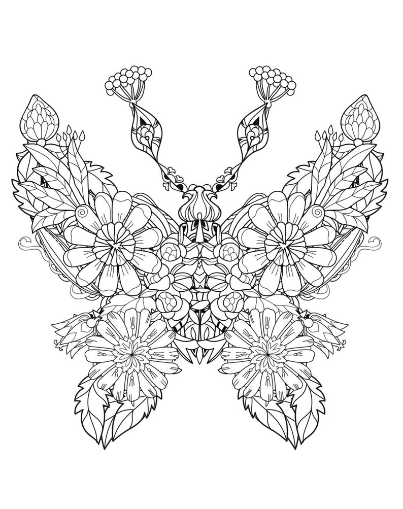 K&ouml;nnte beinhalten: Eine Schwarzwei&szlig;-Zeichnung eines Schmetterlings mit filigranen floralen Details. Der Schmetterling besteht aus Blumen, Bl&auml;ttern und anderen botanischen Elementen.