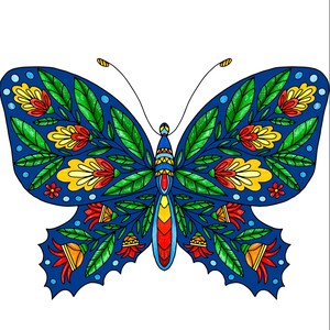 K&ouml;nnte beinhalten: Ein blauer Schmetterling mit komplizierten floralen Mustern in Rot-, Gelb- und Gr&uuml;nt&ouml;nen. Die Fl&uuml;gel des Schmetterlings sind schwarz umrandet und haben ein detailliertes Design.