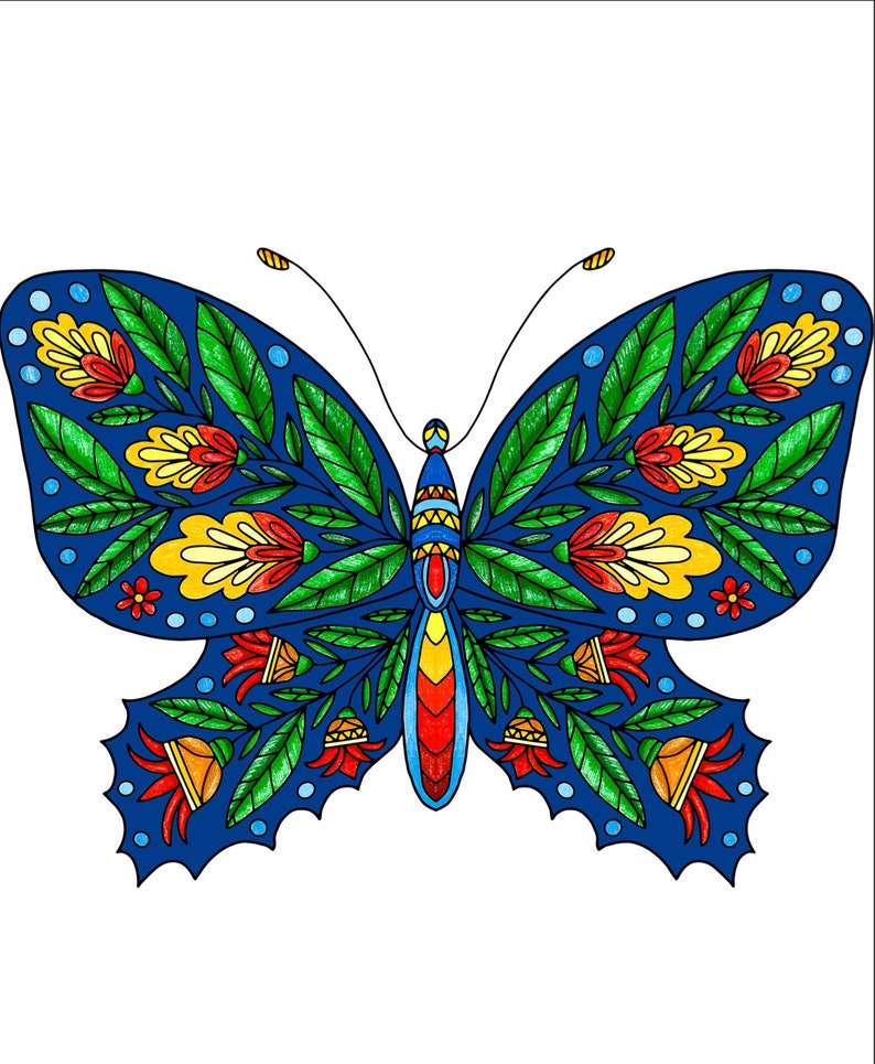 K&ouml;nnte beinhalten: Ein blauer Schmetterling mit komplizierten floralen Mustern in Rot-, Gelb- und Gr&uuml;nt&ouml;nen. Die Fl&uuml;gel des Schmetterlings sind schwarz umrandet und haben ein detailliertes Design.