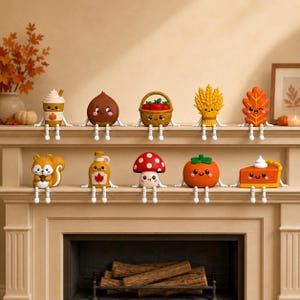 Könnte beinhalten: Eine Sammlung von zehn kleinen, anthropomorphen Figuren mit baumelnden Beinen, die herbstliche Motive darstellen, darunter eine Kaffeetasse, eine Kastanie, ein Apfelkorb, eine Weizengarbe, ein orangefarbenes Blatt, ein Eichhörnchen, eine Ahornsirupflasche, ein Pilz, ein Kürbis und ein Tortenstück.