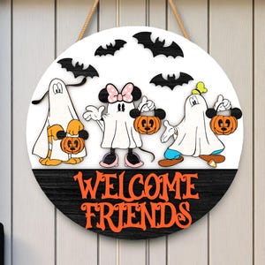 Halloween Ghost Welcome Door Sign SVG, Cute Friends Wood Round Sign Laser Cut File for Glowforge Cricut Silhouette DXF PDF