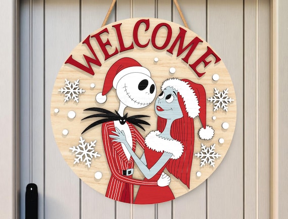 Jack and Sally Christmas Welcome Sign SVG , Layered Door Hanger , Laser Cut Round Holiday Porch Decor File , Laser Cut Layered Round File