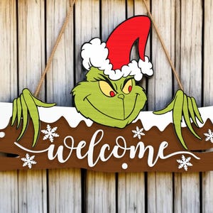 Grinch Welcome Sign SVG , Funny Christmas Porch Door Hanger Laser Cut Template, Winter Holiday Decoration for Cricut Glowforge