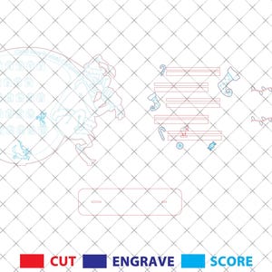 Puede incluir: Un archivo de dise&ntilde;o digital para un adorno navide&ntilde;o con un reno con la nariz roja, un &aacute;rbol de Navidad y el texto "Feliz Navidad". El dise&ntilde;o est&aacute; delineado en azul y rojo, lo que indica las l&iacute;neas de corte y grabado.
