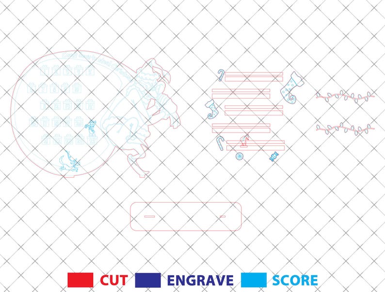 Puede incluir: Un archivo de dise&ntilde;o digital para un adorno navide&ntilde;o con un reno con la nariz roja, un &aacute;rbol de Navidad y el texto "Feliz Navidad". El dise&ntilde;o est&aacute; delineado en azul y rojo, lo que indica las l&iacute;neas de corte y grabado.