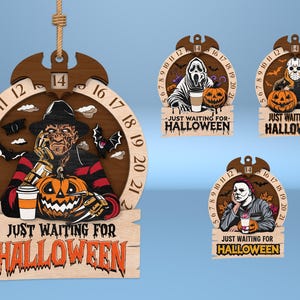 Ornamento de contagem regressiva de terror cortado a laser Svg, Dias até o Halloween Svg, Personagens de terror Svg, Frente assustadora Svg, Calendário de terror Svg
