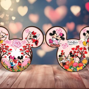 3D Multilayer Happy Valentine's Day Couple Mouse Standing Svg, Wooden Head Mouse Home Decor Svg, Floral Cartoon Character Lasercut File Svg