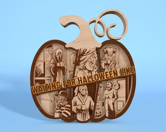 Kürbis Halloween Multilayer Standing Laser Cut Datei svg, Film Horror Holzschild svg, Horrorfiguren svg, Halloweendekor, Glowforge svg datei