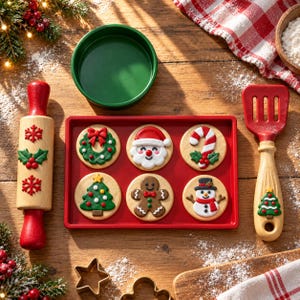 May include: A wooden rolling pin with red handles and festive motifs, a red rectangular tray containing six round biscuits decorated with icing, a green bowl, and a red slotted spatula with a Christmas tree design on the handle.