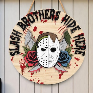 Creepy Horror Welcome Sign SVG, Round Wooden Door Sign Cut File, Scary Brothers Laser Cut Design, Halloween Porch Decor Glowforge File