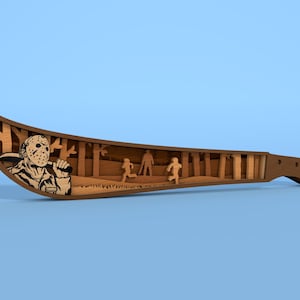 May include: A wooden cutout of a machete with a scene of a masked figure holding a knife and running through a forest. The scene is carved into the machete's blade.