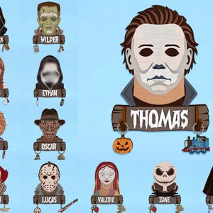 May include: A collection of wooden keychains featuring iconic horror movie characters. Each keychain has a character's face, name, and a themed charm. The characters include Michael Myers, Pennywise, and Freddy Krueger, among others. The background is a light blue.