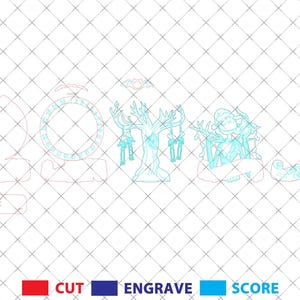 May include: A digital design file for a laser cut Christmas ornament featuring a spooky tree with hanging ornaments, a banner with the text "Season's Greetings", and a circular frame with a snowflake design.