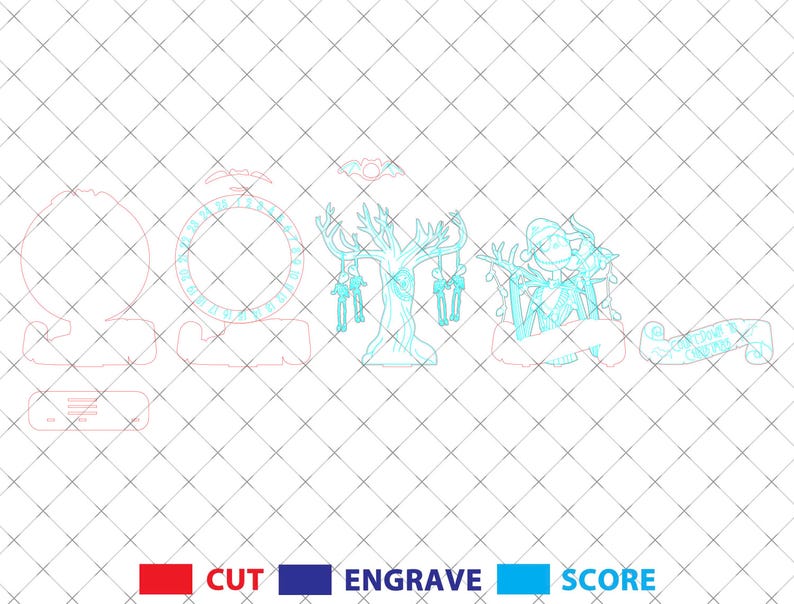 May include: A digital design file for a laser cut Christmas ornament featuring a spooky tree with hanging ornaments, a banner with the text "Season's Greetings", and a circular frame with a snowflake design.
