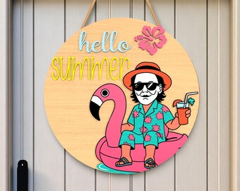 Rolig sommardörrhängare SVG, lager av Flamingo Float Cut-fil för laserskärning, träskyltfil för Cricut, Silhouette, Glowforge SVG