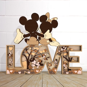 3D multicouche joyeuse Saint-Valentin couple souris debout Svg, forme de coeur en bois, dessin animé amour découpé au laser, personnage de dessin animé décoration d'intérieur Svg