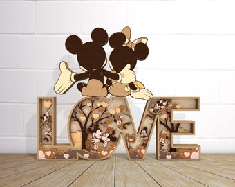 3D Multilayer Happy Valentine's Day Couple Mouse Standing Svg, Wooden Heart Shape, Cartoon Love Lasercut , Cartoon Character Home Decor Svg