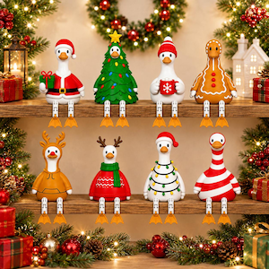May include: Eight decorative goose figurines with dangling legs, each wearing different Christmas-themed outfits including a Santa suit, a tree costume, a gingerbread pattern, reindeer antlers, a red sweater, string lights, and red and white stripes.