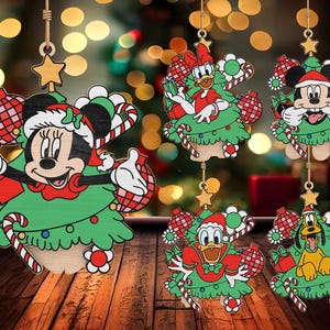 Merry Christmas Cartoon Character Ornament Svg, Funny Couple Mouse Hanger Svg, Cute Couple Duck Svg, Wooden Christmas Tree Lasercut File Svg