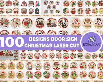 100 Filme Weihnachten Türschild SVG Bundle, lustiger mürrischer Elf Weihnachtsdekor svg, Urlaub Cartoon rundes Schild Laser Cut File, Glowforge-Dateien