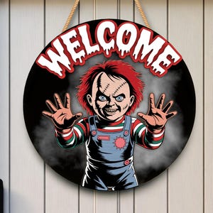 Creepy Doll Welcome Sign SVG , Horror Door Hanger Laser Cut File, Halloween Scary Wood Sign, SVG Cut File for Decor