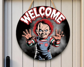 Letrero de bienvenida de muñeca espeluznante SVG, colgador de puerta de terror, archivo cortado con láser, letrero de madera aterrador de Halloween, archivo cortado SVG para decoración