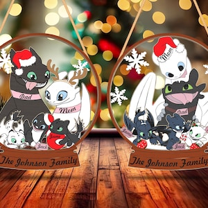 Kerst Dragon Family Svg, gepersonaliseerde naam Svg, houten stripfiguur Svg, Lasercut bestand Svg, Glowforge ornament Svg aanpassen