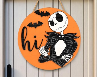 Cute Skeleton Halloween Door Sign SVG,  Fun Hi Welcome Round Sign Laser Cut File for Glowforge Cricut Silhouette