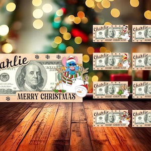 Gepersonaliseerde naam geld houder sieraad, naam geld houder Svg aanpassen, kerst stripfiguur, houten decor houder, Lasercut bestand Svg