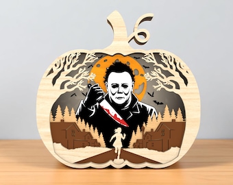 Pumpkin Horror Layered SVG, plik do cięcia laserowego sceny Halloween na drewno 3 mm, upiorny znak dyniowy do projektów Glowforge i Cricut